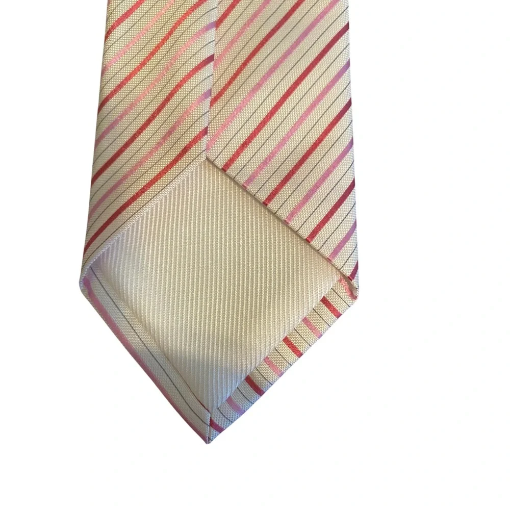 Geoffrey‎ Beene Mens Silk Necktie Pink Burgundy Grey White Striped Handmade Tie